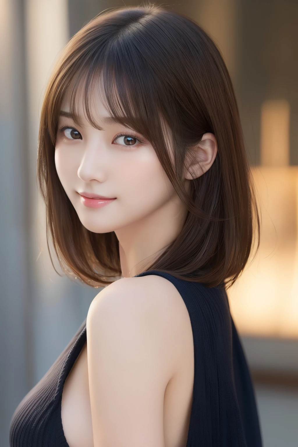 (​masterpiece:1.3), (8K, Photorealsitic, Raw photography, Top image quality: 1.4), japanes, (1girl in), beauitful face, (Lifelike face), (A dark-haired, short-hair:1.3), Beautiful hairstyle, realisticeyes, Eyes in Beautiful Details, (real looking skin), Beautiful skins, enticing, 超A high resolution, A hyper-realistic, high detailing, the golden ratio, prety woman:1.4、light brown hair、top-quality、​masterpiece、超A high resolution、(Photorealsitic:1.4)、Highly detailed and professional lighting smile、Loose and light knitwear、Shoulder out、slender、serious facial expression、Longhaire、Fatal position、乃木坂アイドル、韓国アイドル、hposing Gravure Idol、、25-years old、tall, Glamour、flank、(age19:1.5),