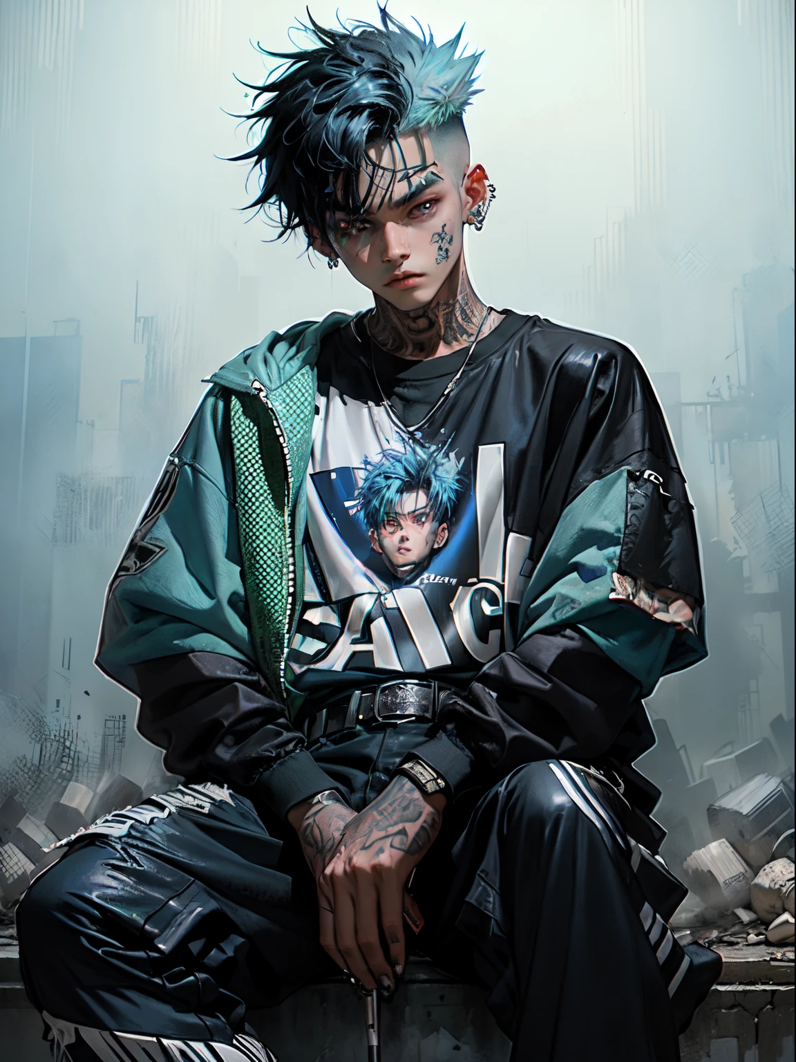 Kpop boy with fade cut dark blue hair with with (frosted white tips top hair), cute face, irresistible, sit pose, poser, serious face, full half body show, tattoos, wears cool black mixed blue ang green open jacket with long big sized shirt, long black pants with belt, paint background, popstar, has messy lime green hair, and a green one-suit with a diamond. He has a normal Putt Putt Troll appearance overall, as most of them resemble his appearance with exceptions like Viva. His attire a reference to the golfing attire of golfers.