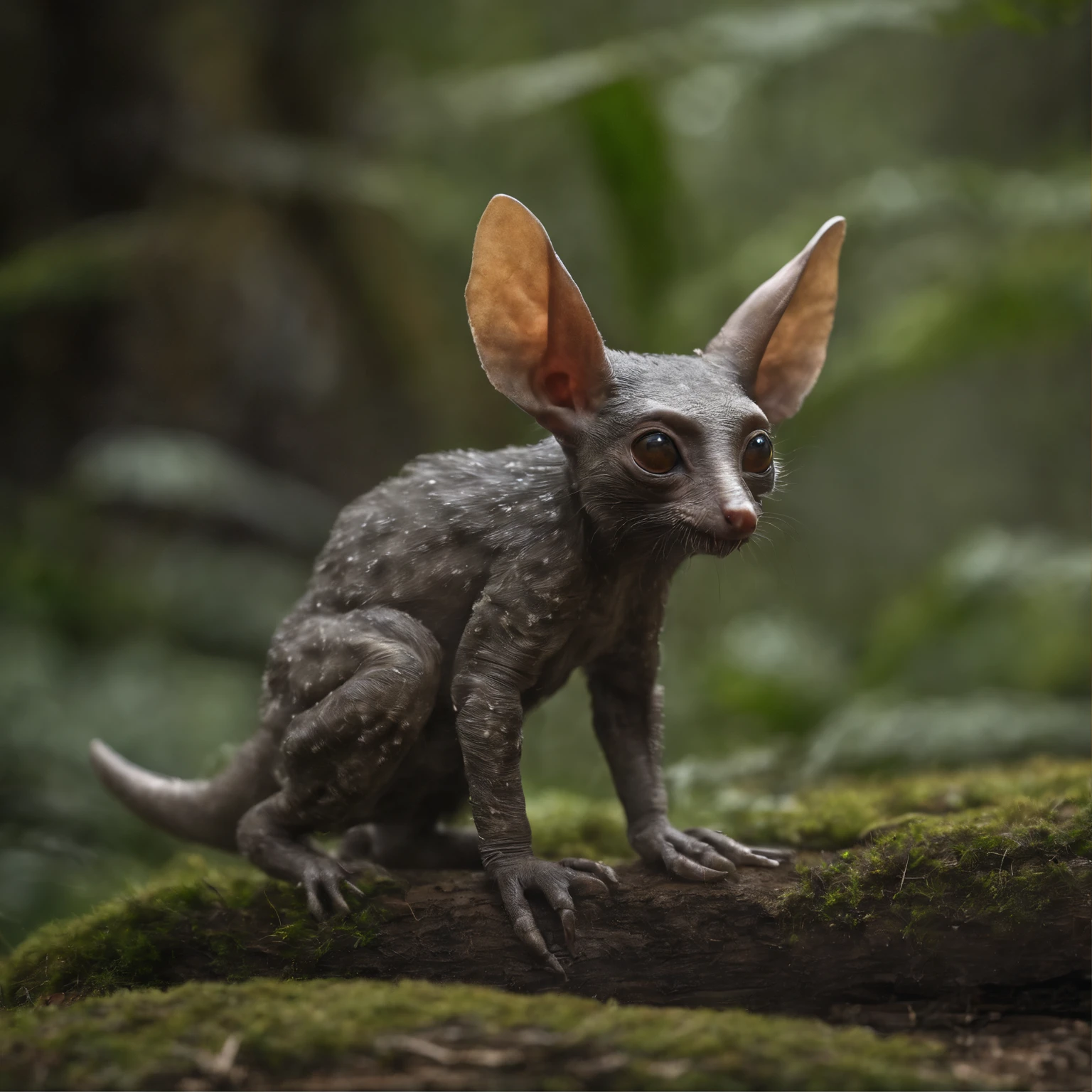 Alien creature, gremlin, Small, Nice, with big ears, Short legs, fluffy tail and miniature ears. The back is earthy gray.. The spots are clearly visible on it, dark ripples, longitudinal stripes. Belly is light, Yellowish., is in the forest, microcosm, huge microbes,