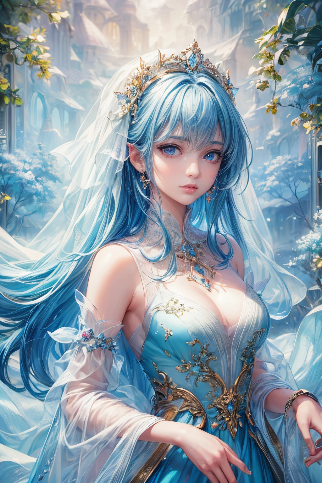 (best quality:1.4), (masterpiece:1.4), ultra-detailed, 8K, CG, exquisite, upper body, lonely, Thumbelina, little princess, blue chiffon court dress, ocean background, detailed facial features, red hair, almond eyes, delicate eye makeup, long eyelashes, green eyes, and star-like gaze, intricate lip details, soft and harmonious style.