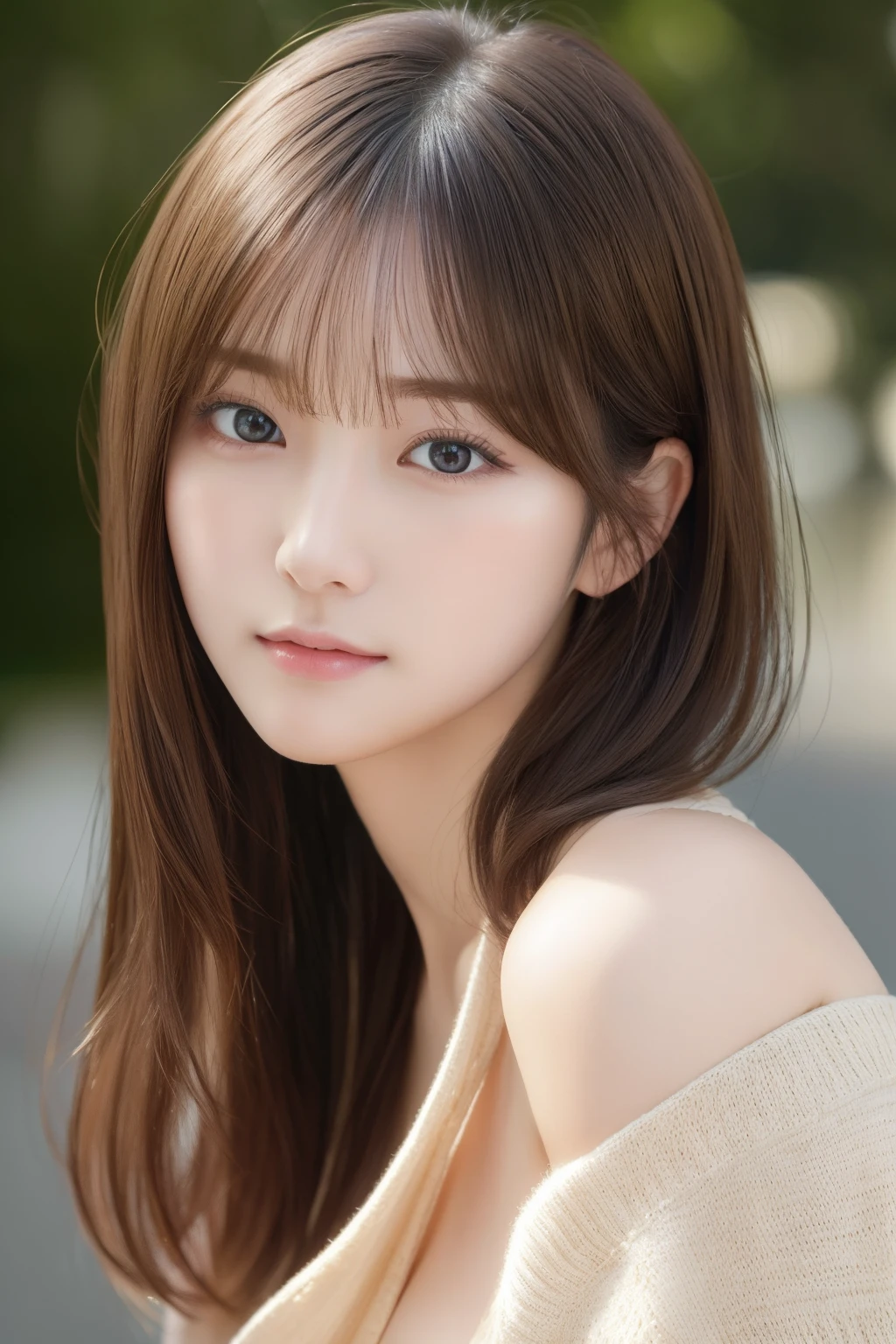 (masterpiece:1.3), (8K, Photorealsitic, Raw photography, Top image quality: 1.4), japanes, (1girl in), beauitful face, (Lifelike face), (A dark-haired, short-hair:1.3), Beautiful hairstyle, realisticeyes, Eyes in Beautiful Details, (real looking skin), Beautiful skins, enticing, 超A high resolution, A hyper-realistic, high detailing, the golden ratio, prety woman:1.4、light brown hair、top-quality、masterpiece、超A high resolution、(Photorealsitic:1.4)、Highly detailed and professional lighting smile、Loose and light knitwear、Shoulder out、slender、serious facial expression、Longhaire、Fatal position、乃木坂アイドル、韓国アイドル、hposing Gravure Idol、、25-years old、tall, Glamour、flank、(age19:1.5),