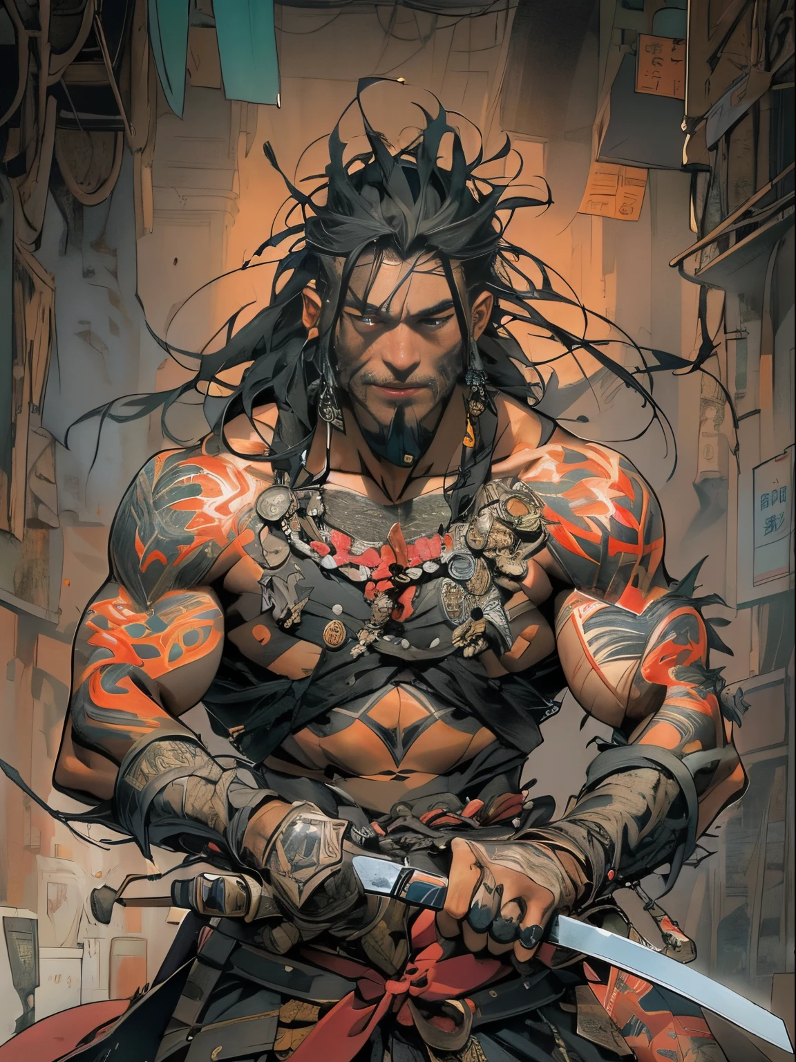 (((mtu))), (((best qualityer))), (((tmasterpiece))), (((AS-))), ((( Japanese ))), Look up from your knees, Handsome Asian samurai,perfect body figure, Modern samurai, ((( Asian))), Wear gloves on your hands,The left arm made of steel and metal tipade of protective devices, The eyes are pulled, (( Appears below the chest )), (( Small dental floss )), Simon Bisley, Almost naked(Simon Bisley)Castle City Wildernesor high-resolution posters, hair straight, Minimum clothing, armure (Crazy clotheull of tips and rivets, tribal tattooull bodyesbian))), Straight brunette hair,Colored hair ends