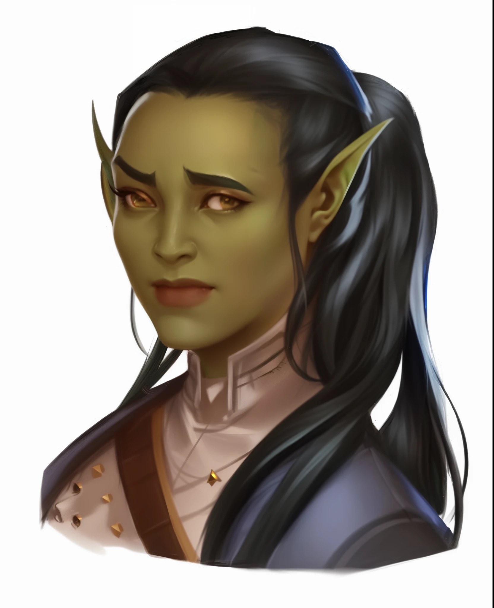 a drawing of a woman with long hair and a green face, goblin female portrait, character with smirk, a portrait of an half orc woman, dnd avatar portrait, dnd portrait of a tiefling, portrait of an orc, portrait of a dnd character, half orc woman, dnd portrait, portrait dnd