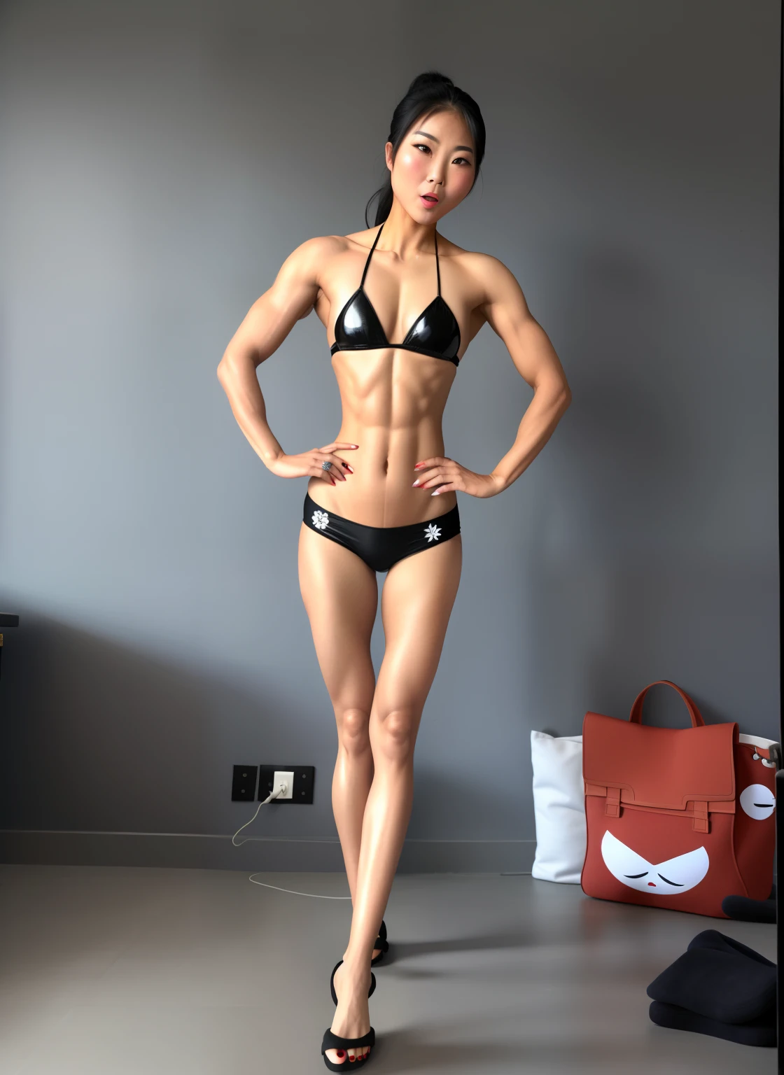 plump and y woman,Asia face,strong muscle,Wear slippers,A mocking expression,Fit and fit