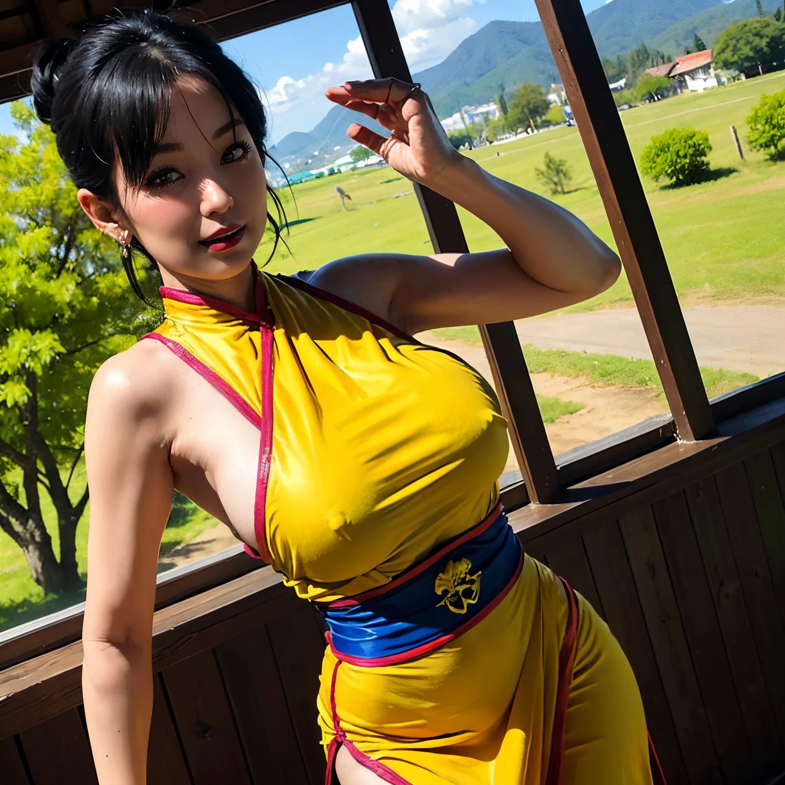 (masutepiece:1.1, Best Quality:1.1, 32K HDR, High resolution), (1girl in, Solo), (Ultra-realistic portrait of Chi-Chi(Older):1.1, dragonball z, Mature chichi, A MILF), Black hair, updo hair, Dango Hair, ((Yellow cheongsam, chinese combat uniform)), gigantic cleavage, Colossal tits, Huge boobs, huge-breasted, Nipples, (Inside an abandoned hut:1.1, farms, Perfect slim body:1.1), hyperdetailed face, Detailed eyes, Realistic skin texture, Detailed explanation of the skin, ((Show me her shaved armpits)),