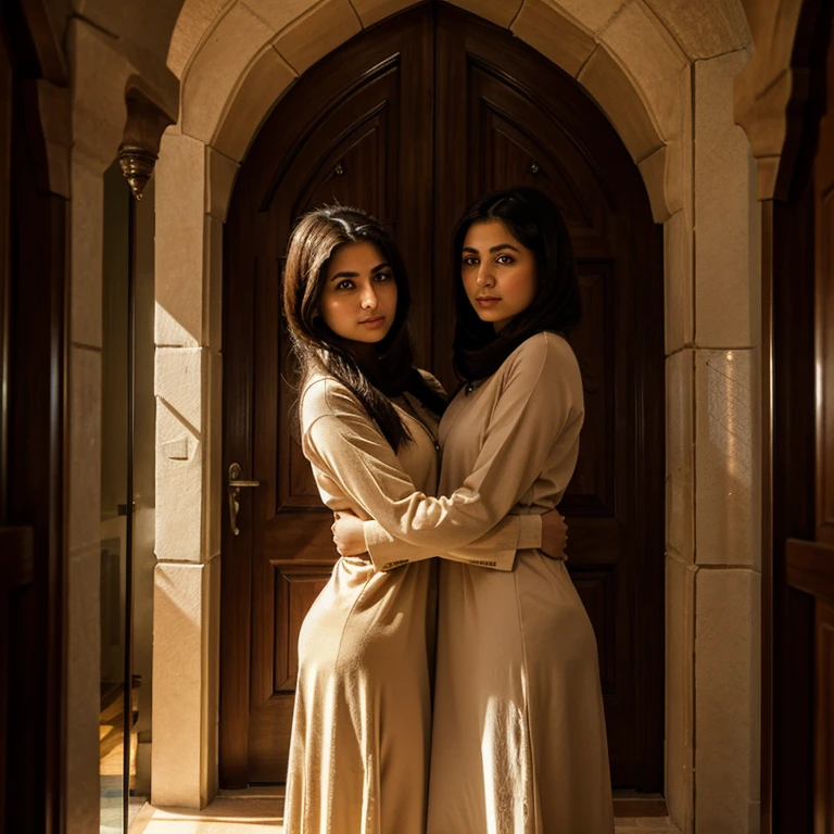 two persian girls hugging tightly::2 framed by a tall sandstone door islamic style warm lighting --v 4
