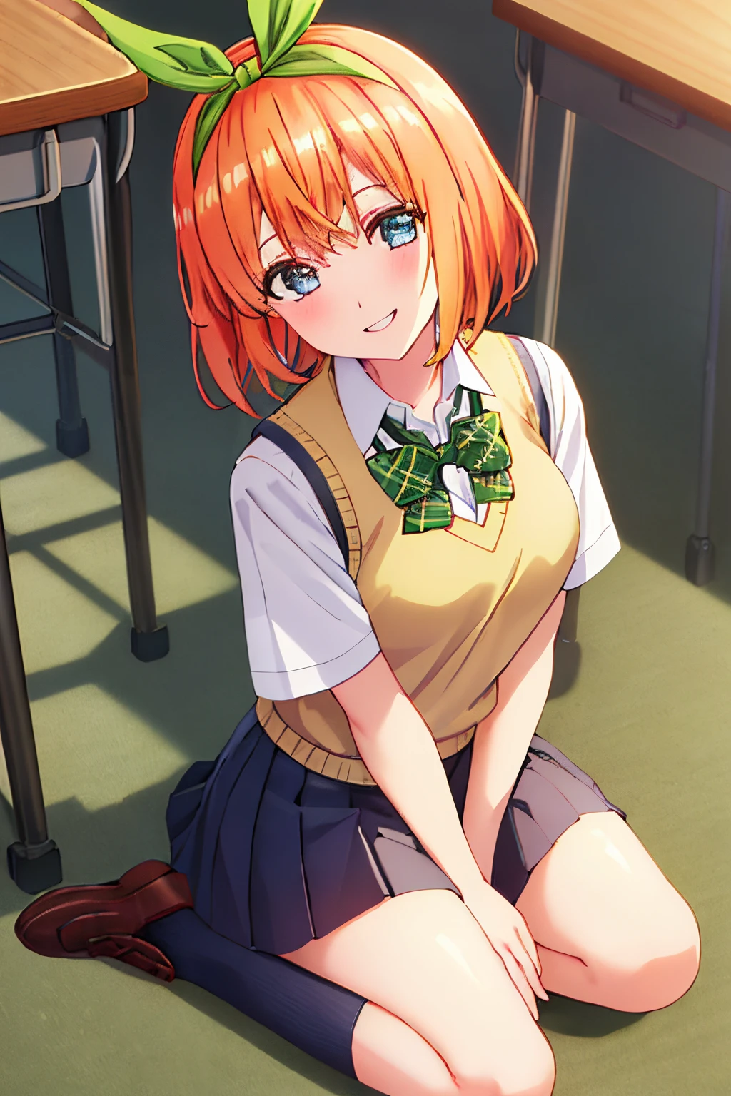 yotsubanakano, yotsuba nakano, bangs, short hair, blue eyes, hair between eyes, hair ribbon, hairband, orange hair, green ribbon,
BREAK skirt, shirt, bow, ribbon, school uniform, white shirt, short sleeves, pleated skirt, shoes, socks, collared shirt, miniskirt, bowtie, black footwear, kneehighs, green skirt, black socks, loafers, green bow, sweater vest, green ribbon, (yellow sweater vest:1.5),
BREAK looking at viewer,
BREAK indoors, classroom,
BREAK (masterpiece:1.2), best quality, high resolution, unity 8k wallpaper, (illustration:0.8), (beautiful detailed eyes:1.6), extremely detailed face, perfect lighting, extremely detailed CG, (perfect hands, perfect anatomy),
happy smile, laugh, teeth, wide-eyed, dynamic pose, head tilt, facing at viewer, looking up at viewer,