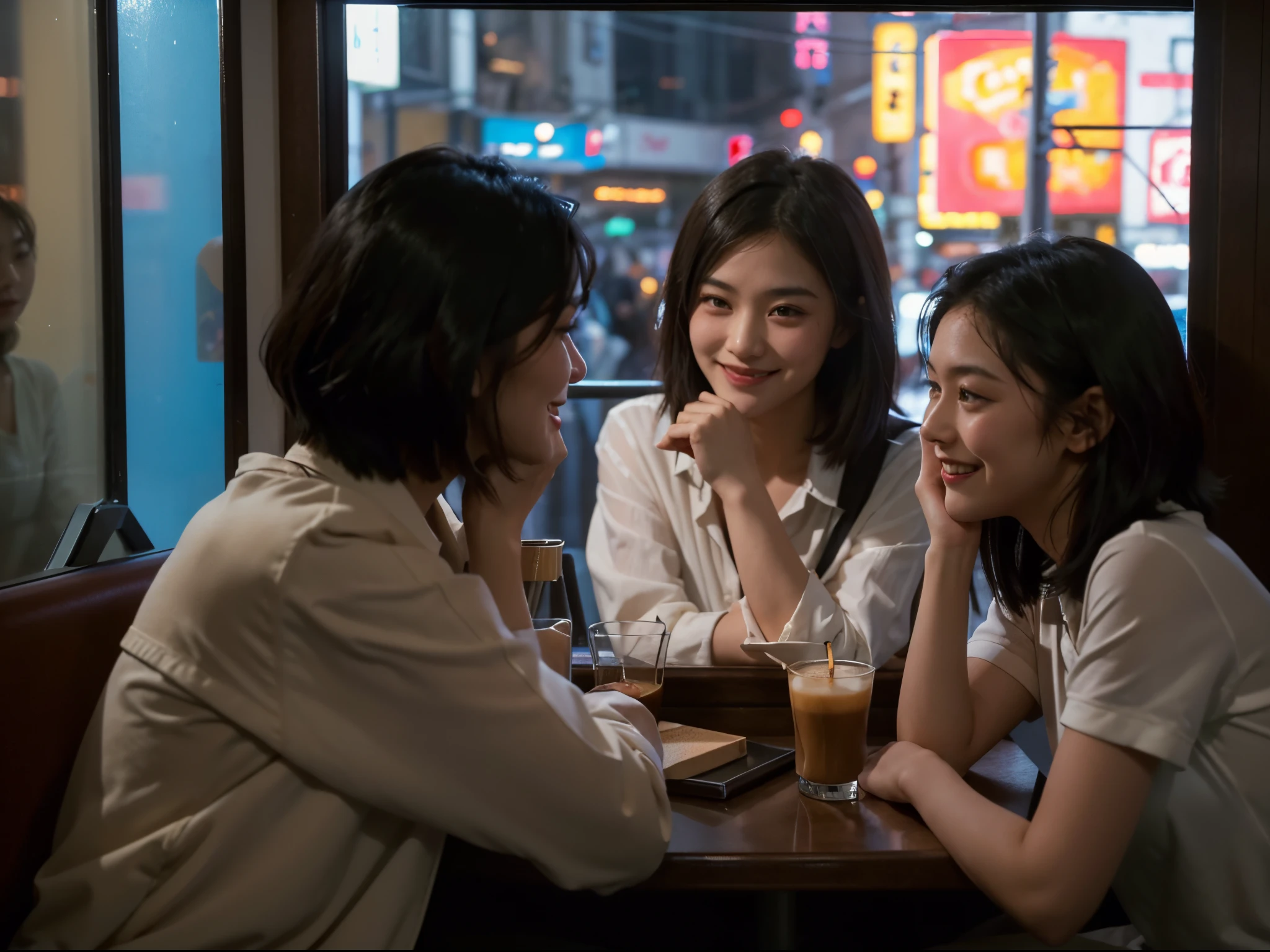 2girl, a girl is short hair and another girl has long hair, the girls talking in the coffee shop by the window, night, tokyo, neon sign, (little smile:1.2), the photographer walking down the street looked beautiful and took pictures of her outside the window, snapshot, street photography, (face that visible through the glass:1.3), dark, low light, low key, wide angle