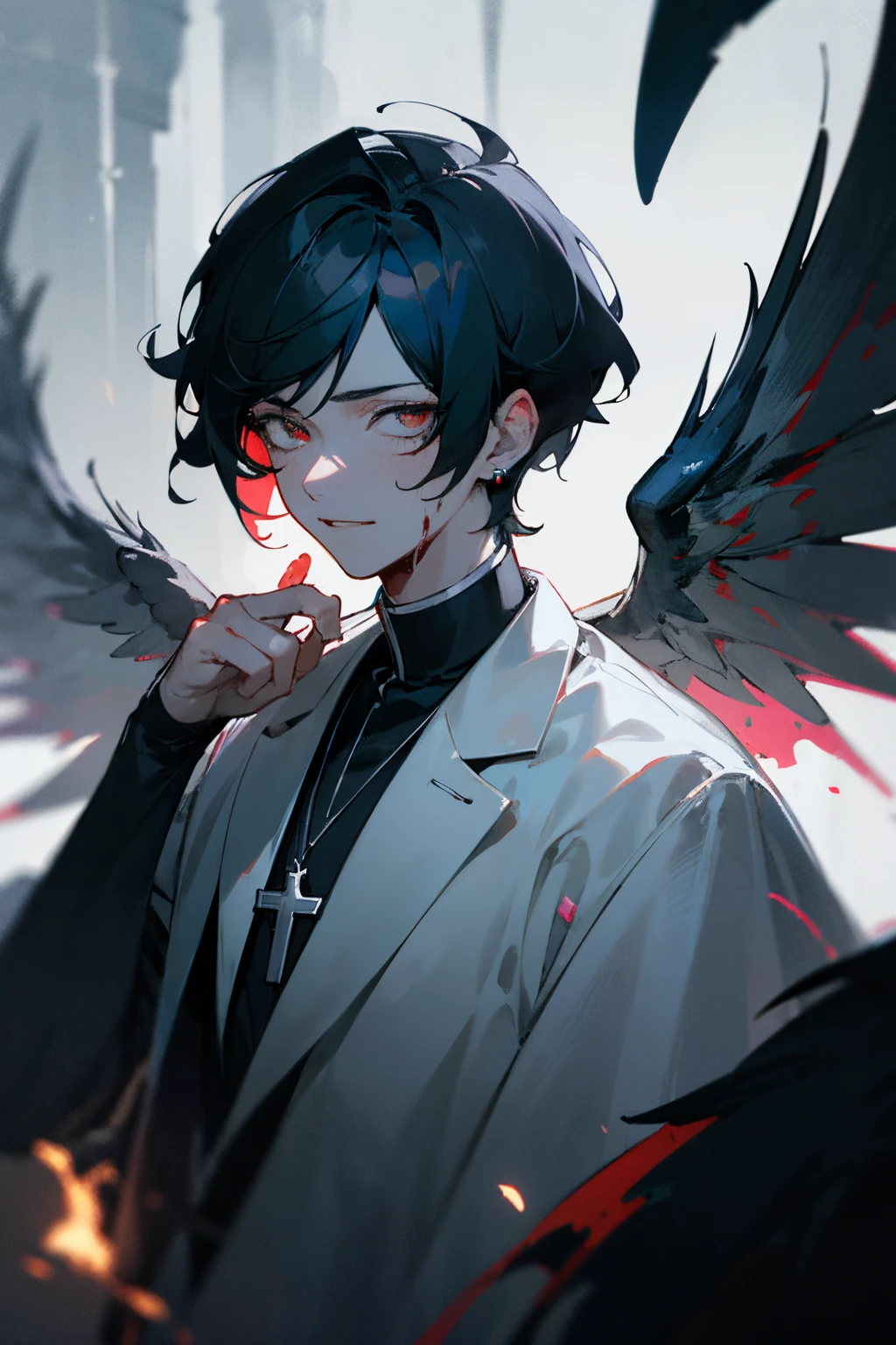 ((tmasterpiece)), (professional photoshooting:1.2), (k hd:1.3), Best quality at best, 8K, ctextured skin, 电影灯光, absurd res, A high resolution, ultra - detailed, 4k wallpaper, (Vibrant color lights), 1 boy, (Dimly lit church), creepy atmosphera, ((Fallen Angel)), Psychological, insane, Crazy, (morbid), father，)), Dripping blood，cross necklace，eardrop，ssmile，Red eyelack and white anime style))，Young handsome guy