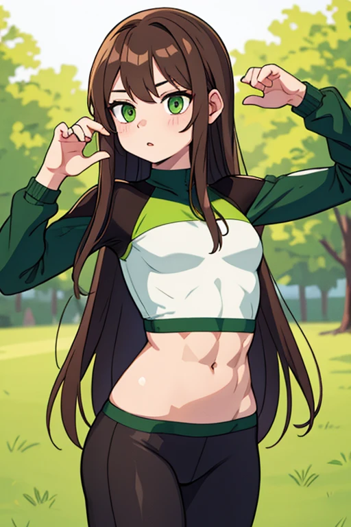 A woman, long brown hair, green eyes, pale skin, small waist, abs, compression shirt