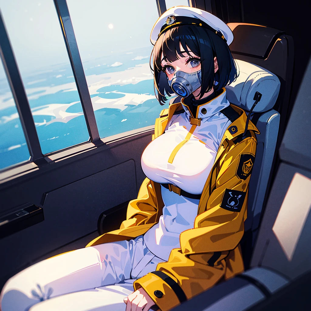(((masterpiece)))、(((Top image quality)))、(((top-quality)))、(Illustration of one girl)、full bodyesbian、30-years old、(Viceroy)、Black hair bob cut、((Face covering gas mask))、Gray eyes、((Tall))、((huge tit))、((Military uniforms))、((Military Cap))、((Military coat))、(white clothes)、(White pants)、(White cap)、trench coat、((Inside the spaceship、Sitting in the captain's seat))、(Outside the window、kosmos、Earth seen from space、Spaceport)