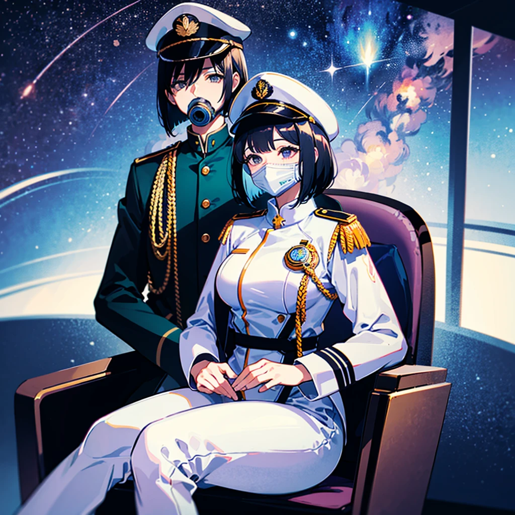 (((masterpiece)))、(((Top image quality)))、(((top-quality)))、(Illustration of one girl)、full bodyesbian、30-years old、(Viceroy)、Black hair bob cut、((Face covering gas mask))、Gray eyes、((Tall))、((huge tit))、((Military uniforms))、((Military Cap))、((Military coat))、(white clothes)、(White pants)、(White cap)、trench coat、((Inside the spaceship、Sitting in the captain's seat))、(Outside the window、kosmos、Earth seen from space、Spaceport)