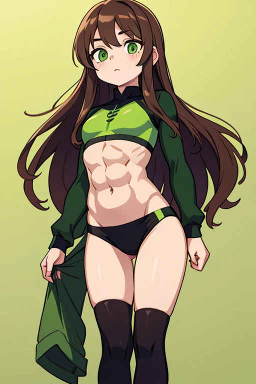 A woman, long brown hair, green eyes, pale skin, small waist, abs, compression shirt