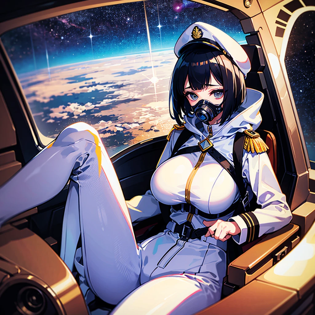 （（（​masterpiece）））、（（（Top image quality）））、（（（top-quality）））、（Illustration of one girl）、full bodyesbian、25-years old、（Viceroy）、Black hair bob cut、（（Face covering gas mask））、Gray eyes、（（Tall））、（（huge tit））、（（Military uniforms））、（（Military Cap））、（（Military coat））、（white  clothes）、（White pants）、（White cap）、trench coat、（（Inside the spaceship、Sitting in the captain's seat））、（Outside the window、kosmos、Earth seen from space、Spaceport）