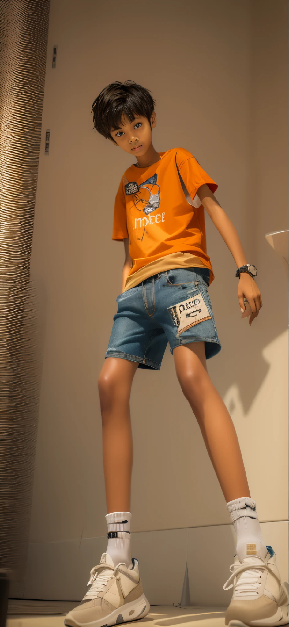 boy,Wheat-colored skin,Blue ripped denim shorts ,orange t-shirt,Big eyes and short hair,tall and lanky skinny,fully body photo,A junior high school student,Grinning,white colors,Gray Shoes
