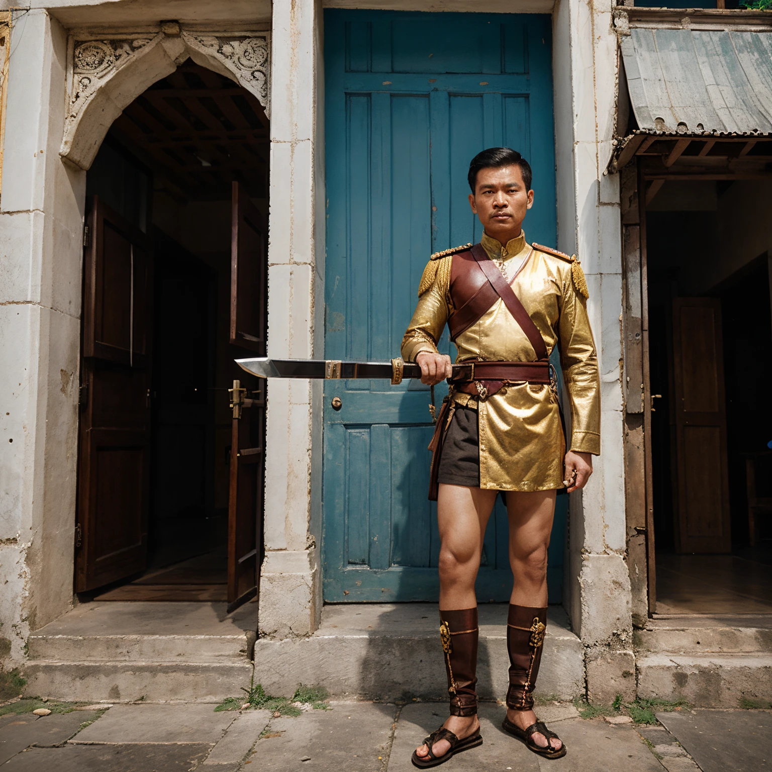Teenage American-japanese boy 18 years old, young warriors , skinny fat body ,sexy armour, shirtless, gold belt,Tanga underwear nude style, carry katana sword on back standing in Sanam Luang Bangkok,