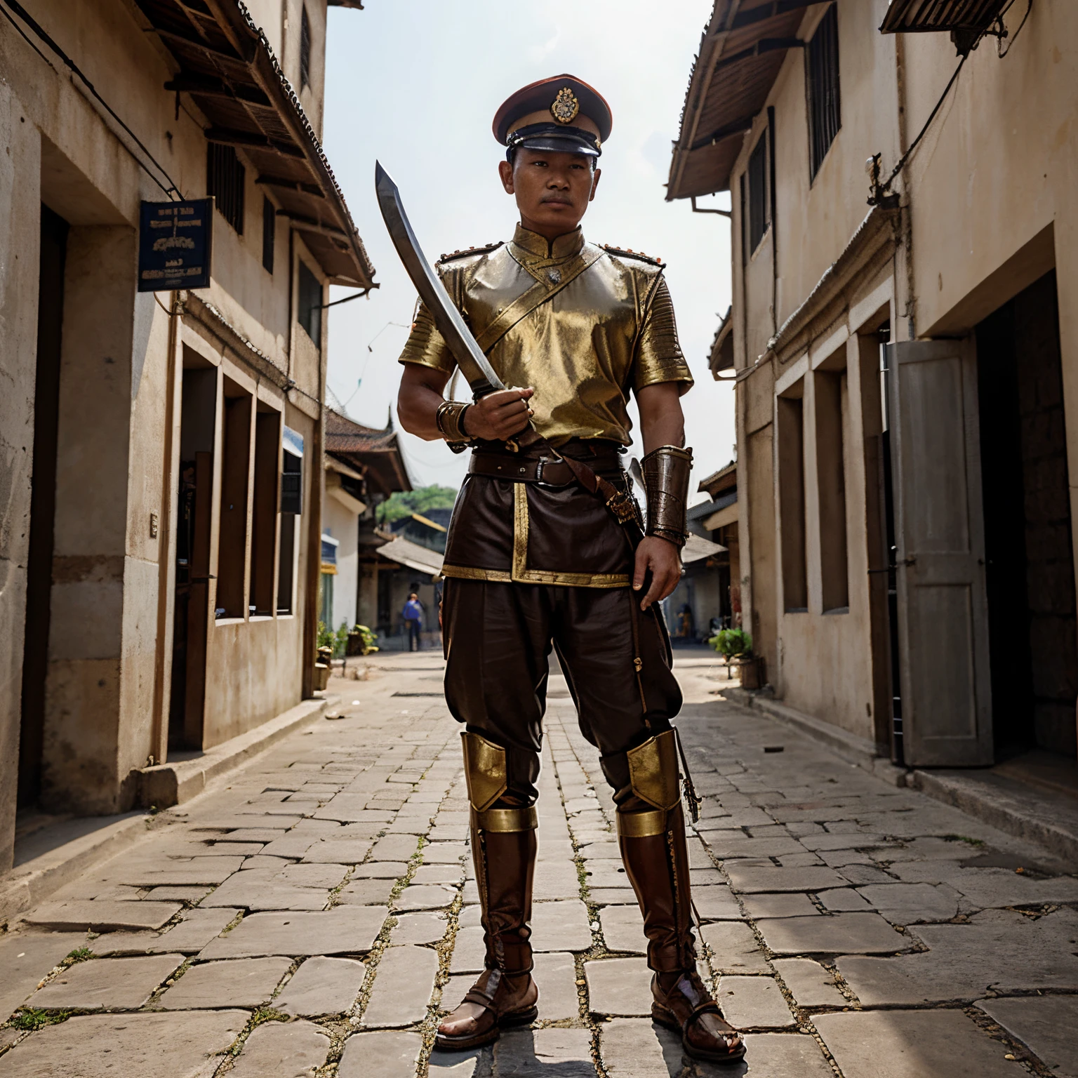 An ancient Thai soldier, a Thai general, holds a two-handed sword in the middle of the city gate, full body, realistic.