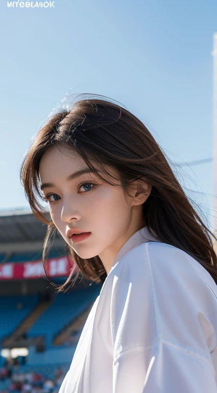 (best quality,4k,8k,highres,masterpiece:1.2),ultra-detailed,(realistic,photorealistic,photo-realistic:1.37),portrait,athletic,confident,energetic,girl,taekwondo athlete,beautiful detailed eyes,beautiful detailed lips,extremely detailed face,long eyelashes,slim and toned face,slim and fit body,brown hair,long flowing hair,graceful posture,in motion,blue eyes,wearing Dobok,kicking,breathing fresh air,vibrant colors,spotlight,exciting atmosphere,filled with energy,packed stadium,captivating expression