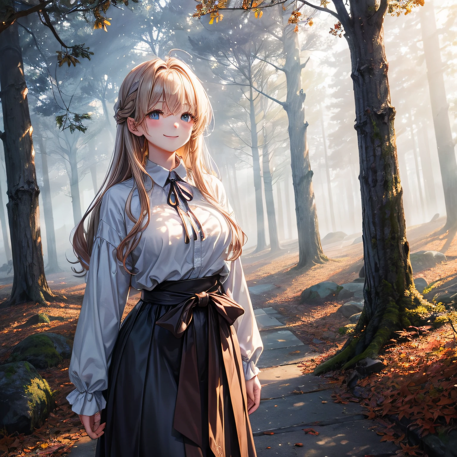 Beautiful view of autumn、forest shrouded in fog、The tree々Light shines through the gap、woman in the fog、Magic Hour、(hair floatingin the wind)、(mournful smile)、Half body photo of a cute and attractive woman、Modern-fit outfits highlight her slender figure