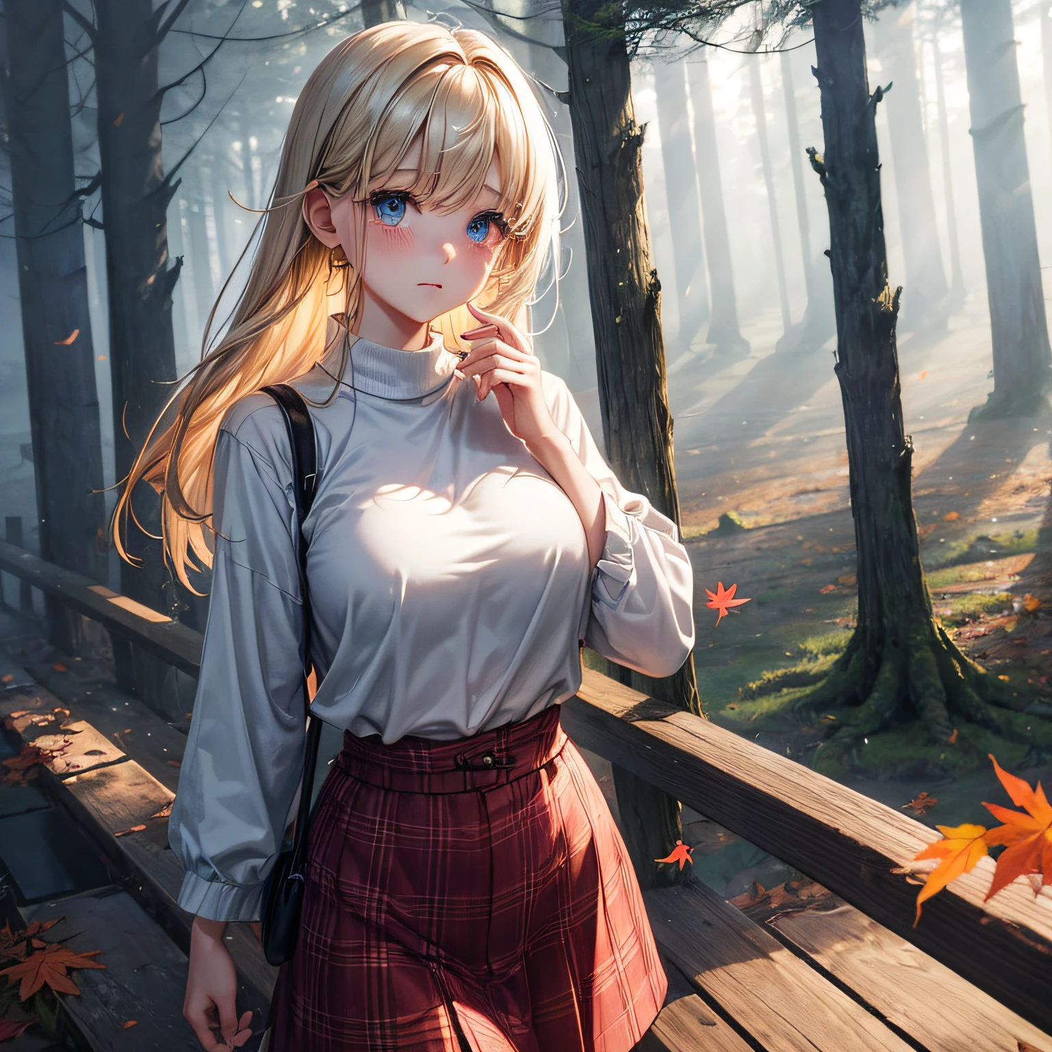Beautiful view of autumn、forest shrouded in fog、The tree々light shines through the gap in、in woods、(Big eyes)、dirty tears、Gusts of wind blow、(hair floatingin the wind)、(Epal look)、Half body photo of a cute and attractive woman、Modern-fit outfits highlight her slender figure