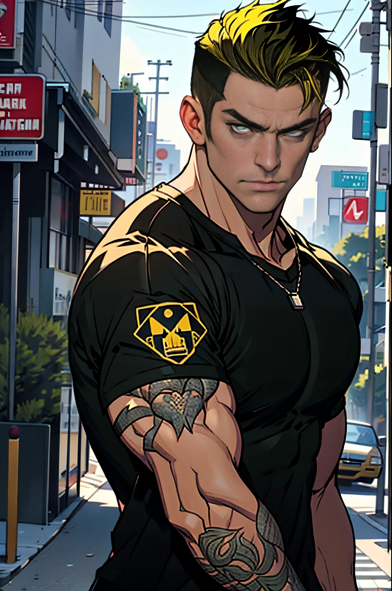 GTA Style,A handsome man, Wearing a black T-shirt and short yellow hair, Stand at the crossroads of the street ,32K, Best quality, Masterpiece, Super detail, High details