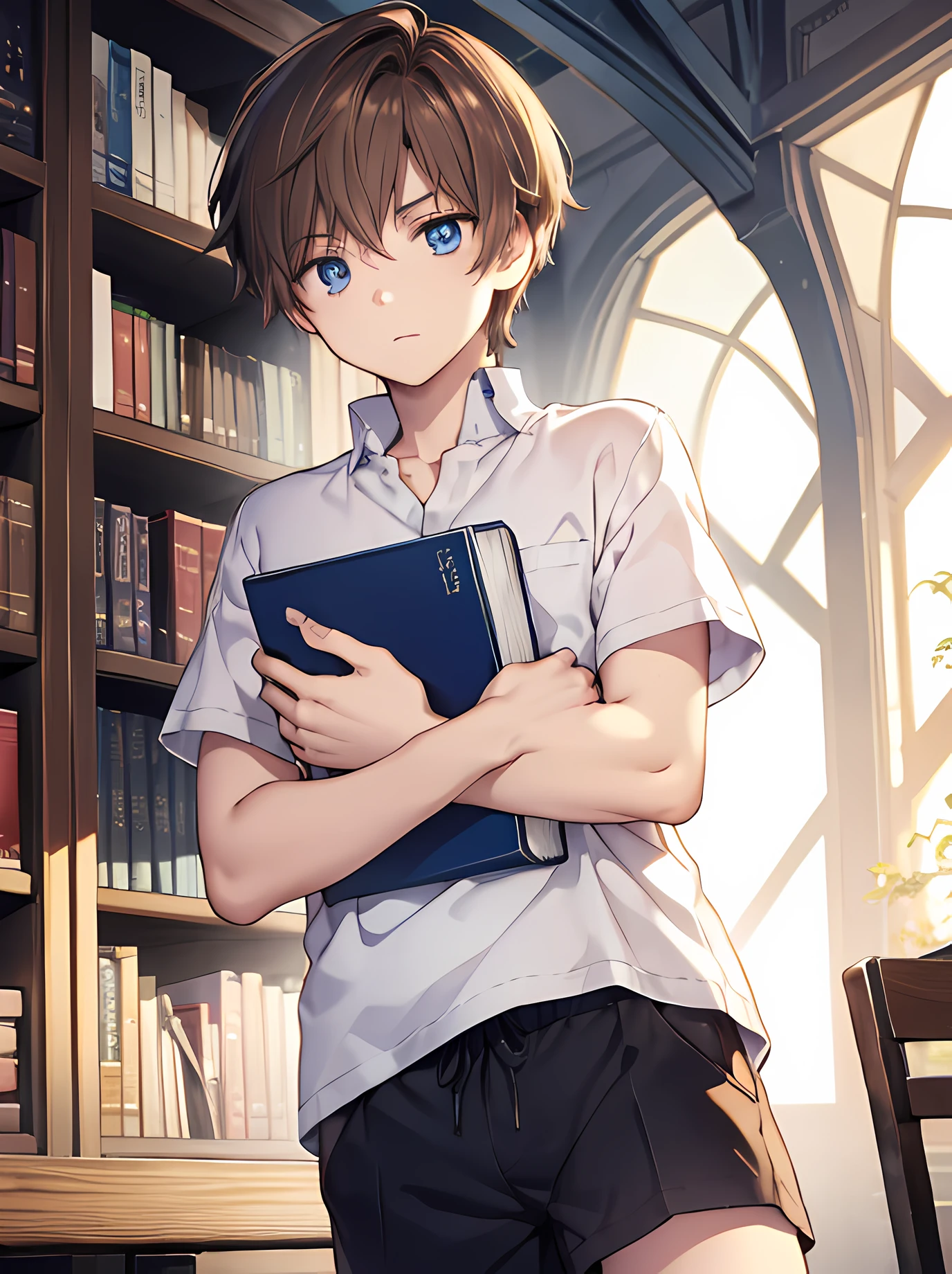 1 boy, hugging a book with both hands on his chest, brown hair, blue eyes, short-sleeved shirt, shorts, gloomy expression