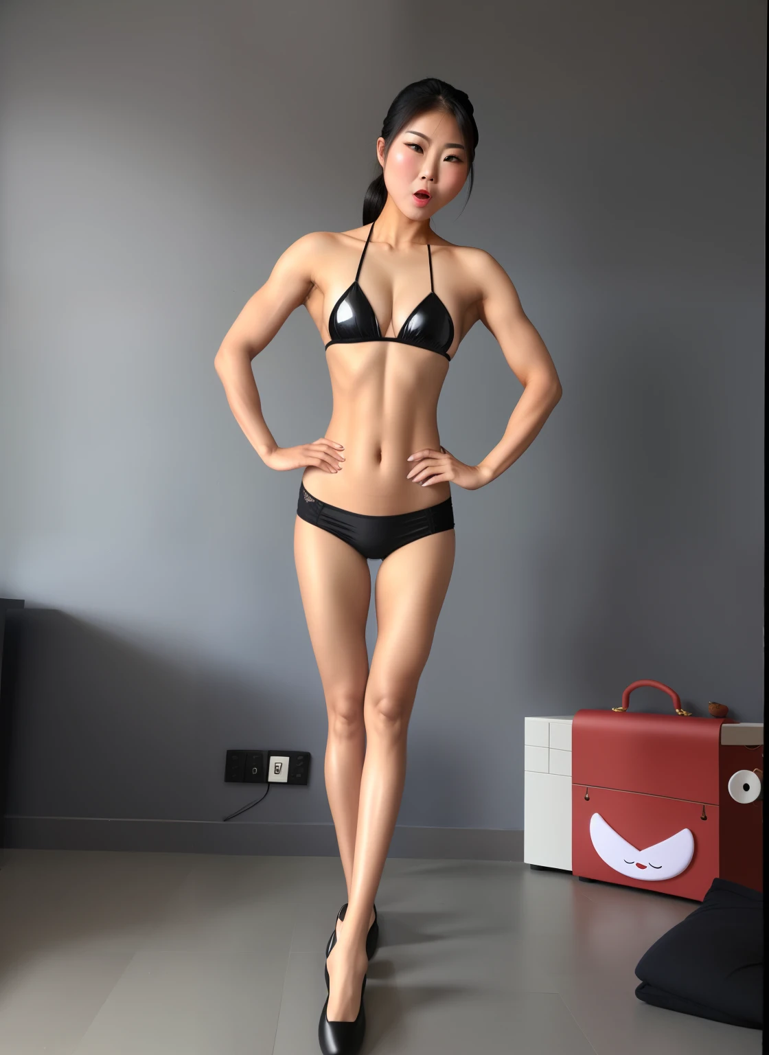 plump and sexy woman,Asia face,Bigchest,strong muscle,Wear slippers,A mocking expression,Very arrogant