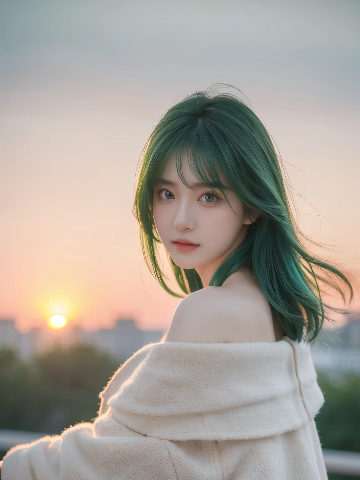 Best quality at best, tmasterpiece, 超高分辨率, (Realistis: 1.4), RAW photogr, 1个Giant Breast Girl, green-eyed, Off-the-shoulder style, 电影灯光, Blue hair, At sunset