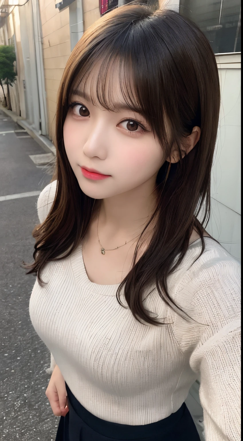 masutepiece, Best Quality, Illustration, Ultra-detailed, finely detail, hight resolution, 8K Wallpaper, Perfect dynamic composition, Beautiful detailed eyes, turtle knit winter clothes,Medium Hair,small tits,Natural Color Lip, entranceway、20 years girl、Cute、Show your sexy look to the camera,Face that feels ecstasy,blur backgroun,KPOP Idol Face,Cute,Shot from slightly above,Kamimei,Blur background