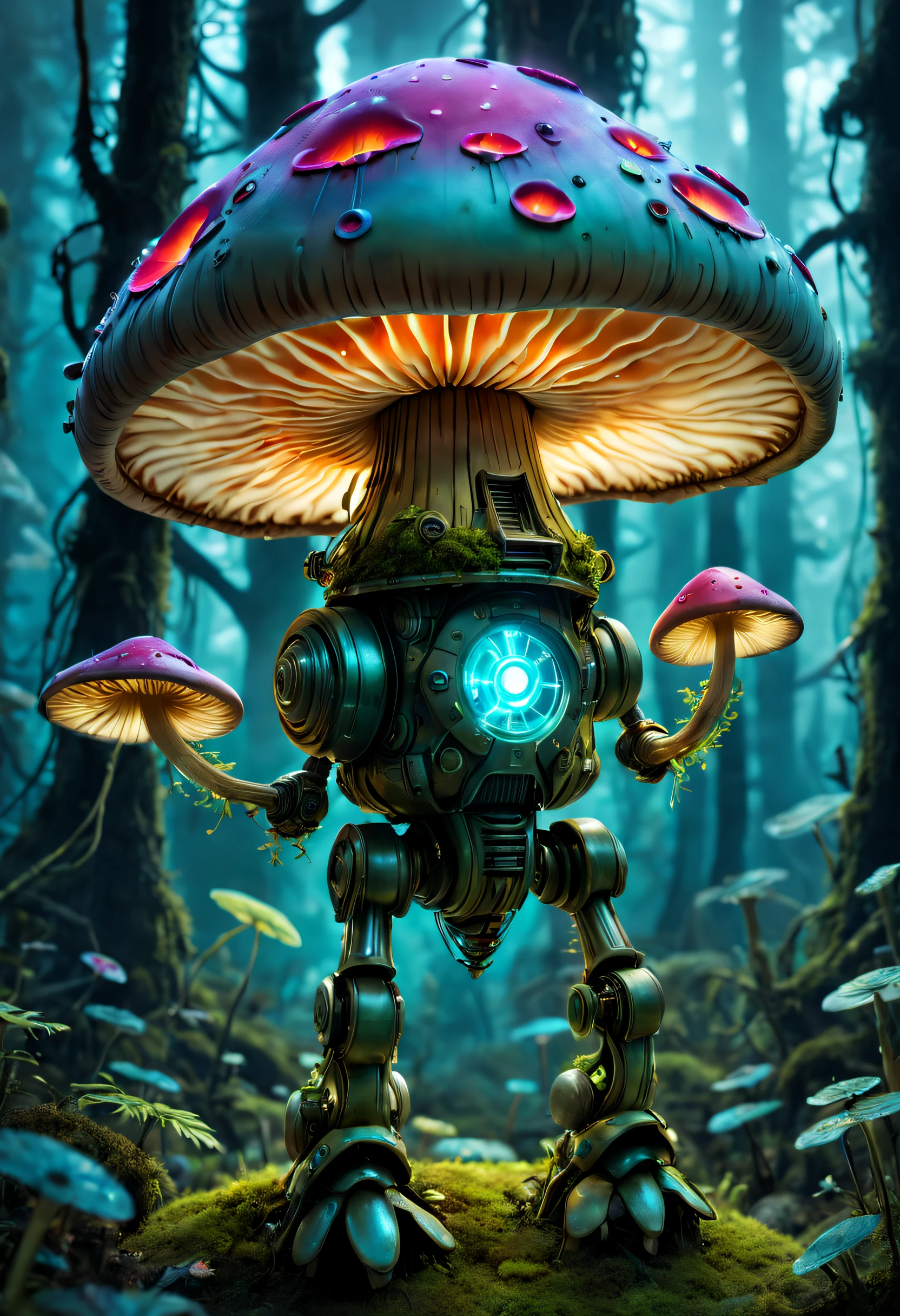 Bioluminescent Mushroom Robot, Detailed robot with glowing mushrooms, vibrant with colors, Surreal lighting, Super detailed mushrooms, realistic robot design, Complex robotic components, enchanted magical forest setting, Robot limbs covered with moss, Moss-covered robot appearance, Mechanical gears, Ethereal atmosphere。(Best quality,A high resolution,tmasterpiece:1.2),ultra - detailed,(actual:1.37).