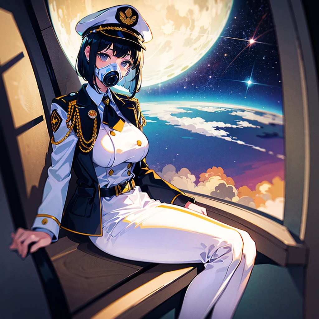 （（（​masterpiece）））、（（（Top image quality）））、（（（top-quality）））、（Illustration of one girl）、full bodyesbian、30-years old、（Viceroy）、Black hair bob cut、（（Face covering gas mask））、Gray eyes、（（Tall））、（（huge tit））、（（Military uniforms））、（（Military Cap））、（（Military coat））、（white  clothes）、（White pants）、（White cap）、trench coat、（（Inside the spaceship、Sitting in the captain's seat））、（Outside the window、kosmos、Earth seen from space、Spaceport）