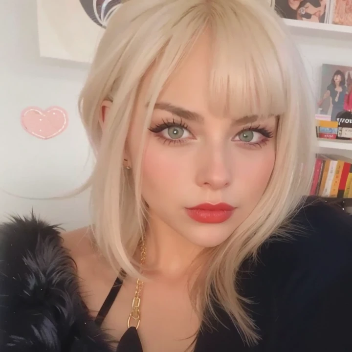 mulher loira com olhos azuis e um casaco de pele preto, cabelos loiros e olhos grandes, Parece Christina Ricci, inspired by Louisa Matthíasdóttir, Lady Gaga como Arlequina, wide golden eyes and red lips, Lady Gaga Harley Rainha, Kerli Koiv como Anime Girl, longos cabelos loiros e olhos grandes, Margot Robbie como uma fada