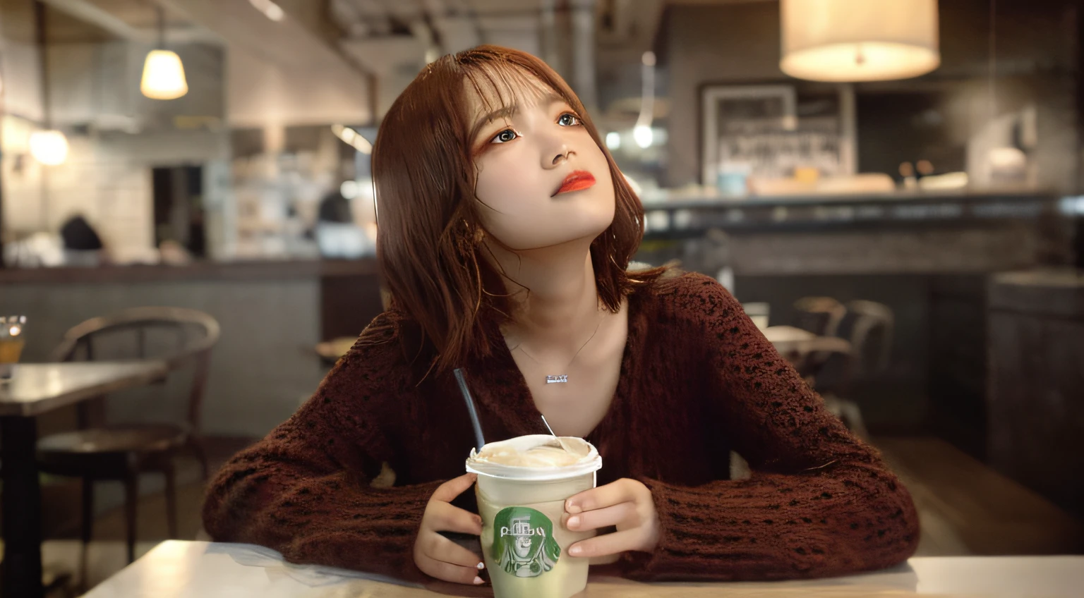 masterpiece、top-quality、hyperdetailed face、ultra-detailed hair、cafes、red clothing、drinking a cup of coffee、gazing into distance