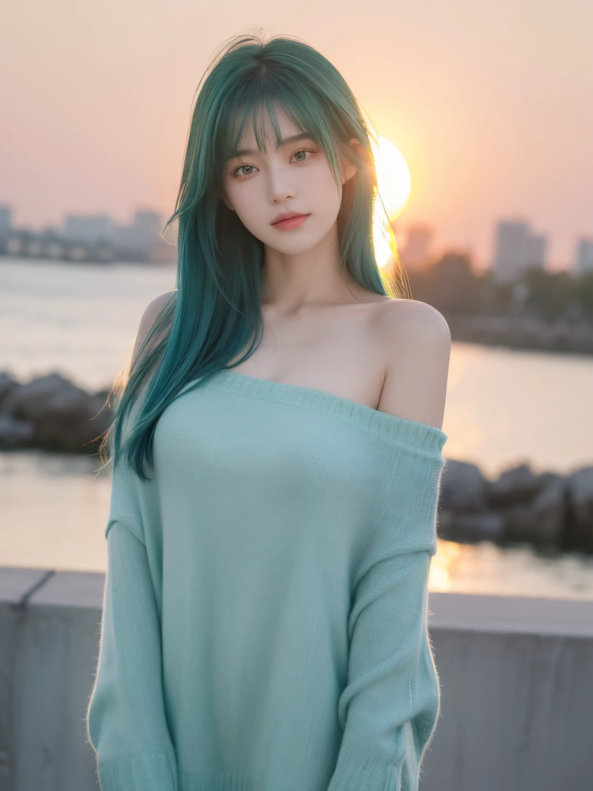 Best quality at best, tmasterpiece, 超高分辨率, (actual: 1.4), RAW photogr, 1 Sister, Green-eyed, Off-the-shoulder style, 电影灯光, Blue hair, At sunset