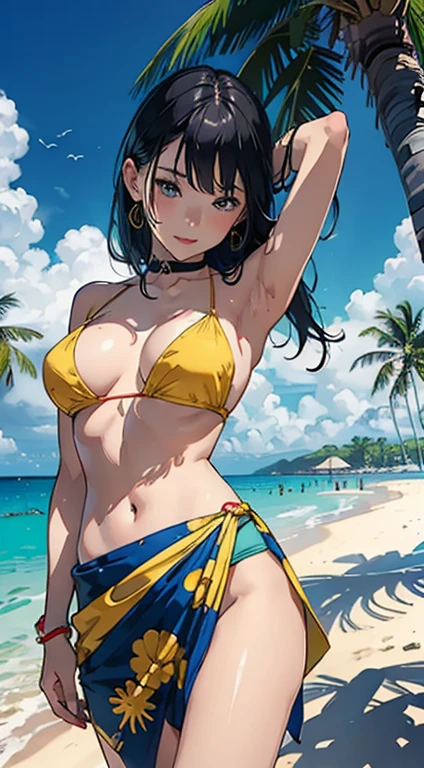 ​masterpiece、top-quality、超A high resolution、 [ 4 k digital art ]!!、 8k high quality detailed art、Wallpaper、 Detailed Digital Anime Art、Realisticity、Cinema Angle、hposing Gravure Idol、((One Beautiful Girl))、cute  face、 (((Detailed depiction of a beautiful face)))、kindly smile、年轻、Bikini swimwear、Photorealistic perfect body、(Bold ethnic patterns wrapped around the waist and skirt and plenty of primary colors)、light Particle、llight rays、Tropical、Against the background of palm trees on both sides、on a sunny beach、Against the background of the sea、blur backgroun、