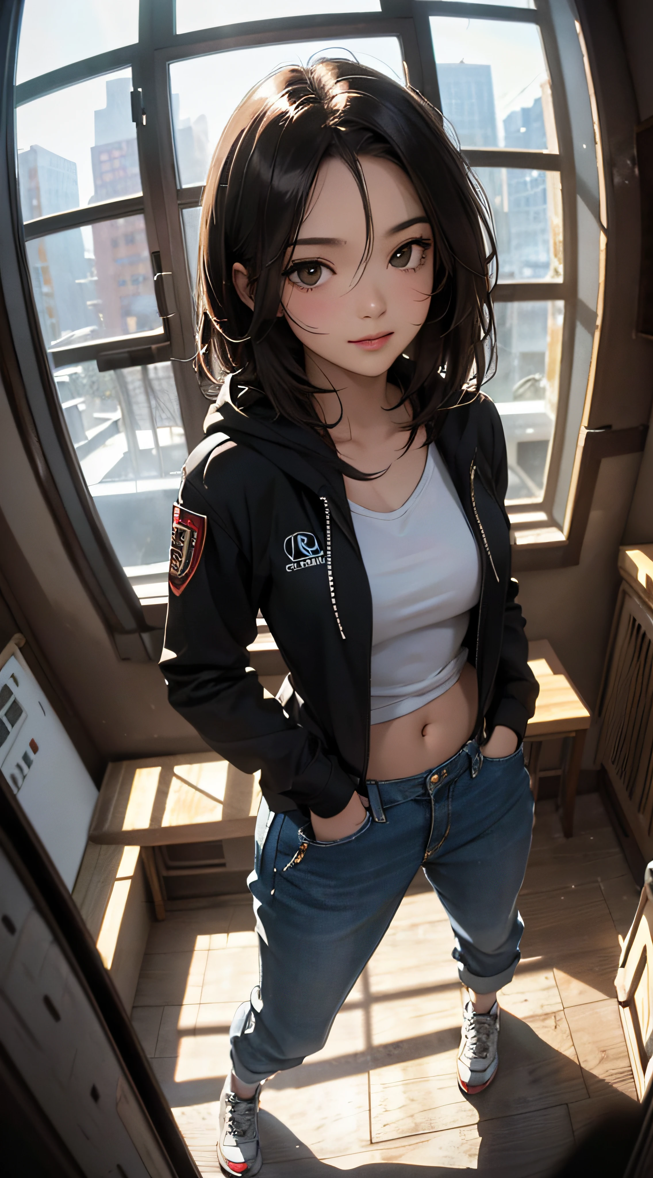 ((8k wallpaper of extremely detailed CG unit, masterpiece, hight resolution, top-quality)), (Beautuful Women, Smile, Hands in pockets:1.8, Grunge Fashion, wearing a zippered hoodie:1.2, wearing sarouel pants:1.2, Wearing shoes:1.1), ((extra detailed face, Highly detailed black eyes, extra detailed body, Top quality real texture skins)), (A dark-haired, hair messy, de pele branca, Exposed belly), (inside an empty building, light coming through the window), (high-angle:1.2, Fisheye:1.3), hyper realisitic, digitial painting,