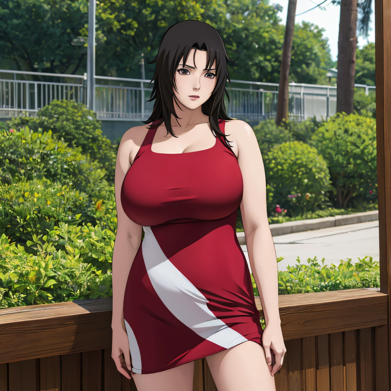 Yuhi kurenai_naruto, huge_breasts, standing, solo, sundress, masterpiece, best quality, detailed face, detailed eyes, highres, full body shot.