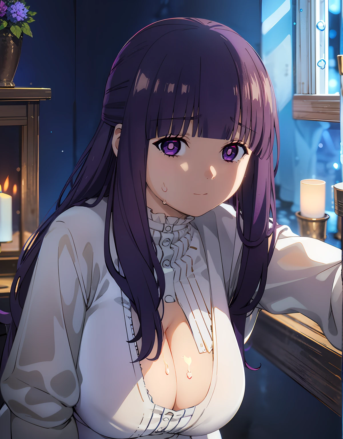 (Best Quality, Masterpiece),sexy, erotic, 1girl, 18 years old, Contempt, pride, long purple hair, ((purple eyes)), white dress, looking at viewer, medival tabern, (close up), ((dark room)), sweat, candle lit, blushing, offshoulder, cleavage