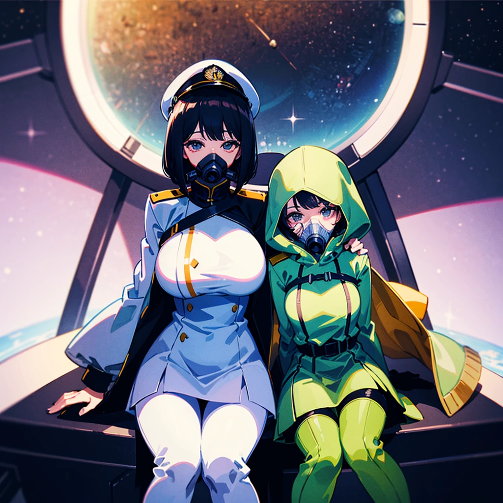 （（（​masterpiece）））、（（（Top image quality）））、（（（top-quality）））、（Illustration of one woman）、full bodyesbian、30-years old、（Viceroy）、Black hair bob cut、（（Face covering gas mask））、Gray eyes、（（Tall））、（（huge tit））、（（Military uniforms））、（（Military Cap））、（（Military coat））、（white  clothes）、（White pants）、（White cap）、trench coat、（（Inside the spaceship、Sitting in the captain's seat））、（Outside the window、kosmos、Earth seen from space、Spaceport）