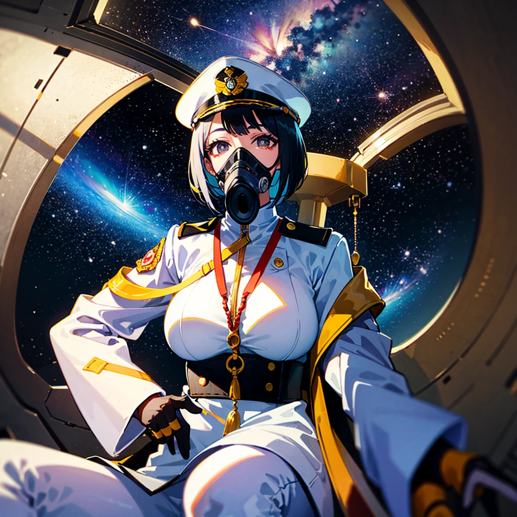 （（（​masterpiece）））、（（（Top image quality）））、（（（top-quality）））、（Illustration of one woman）、full bodyesbian、30-years old、（Viceroy）、Black hair bob cut、（（Face covering gas mask））、Gray eyes、（（Tall））、（（huge tit））、（（Military uniforms））、（（Military Cap））、（（Military coat））、（white  clothes）、（White pants）、（White cap）、trench coat、（（Inside the spaceship、Sitting in the captain's seat））、（Outside the window、kosmos、Earth seen from space、Spaceport）