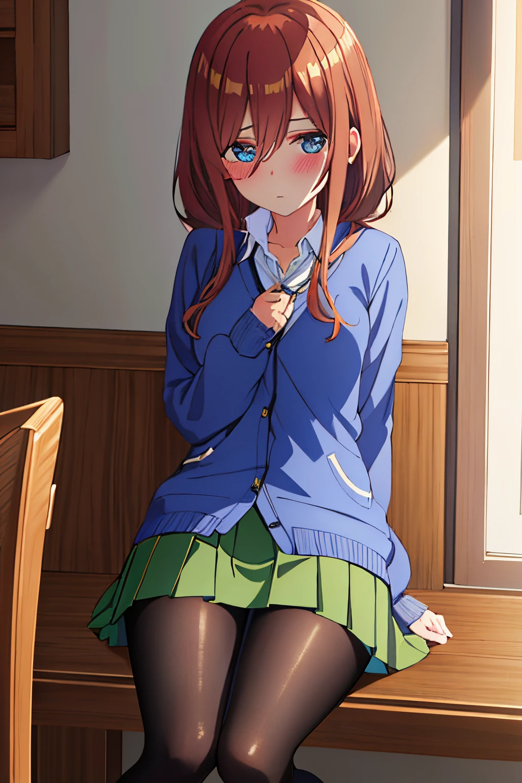 masutepiece, Best Quality, (Very detailed CG Unity 8K wallpaper) (Best Quality), (Best Illustration), (Best Shadows), Miku Nakano, Brown hair, Blue eyes, classroom, Beautiful detailed eyes, looking at viewer,((Blue Cardigan)),((very short green pleated miniskirt)),((Black pantyhose)), anguish,pigeon toed, skirt lift by myself,full-face blush, showing panties