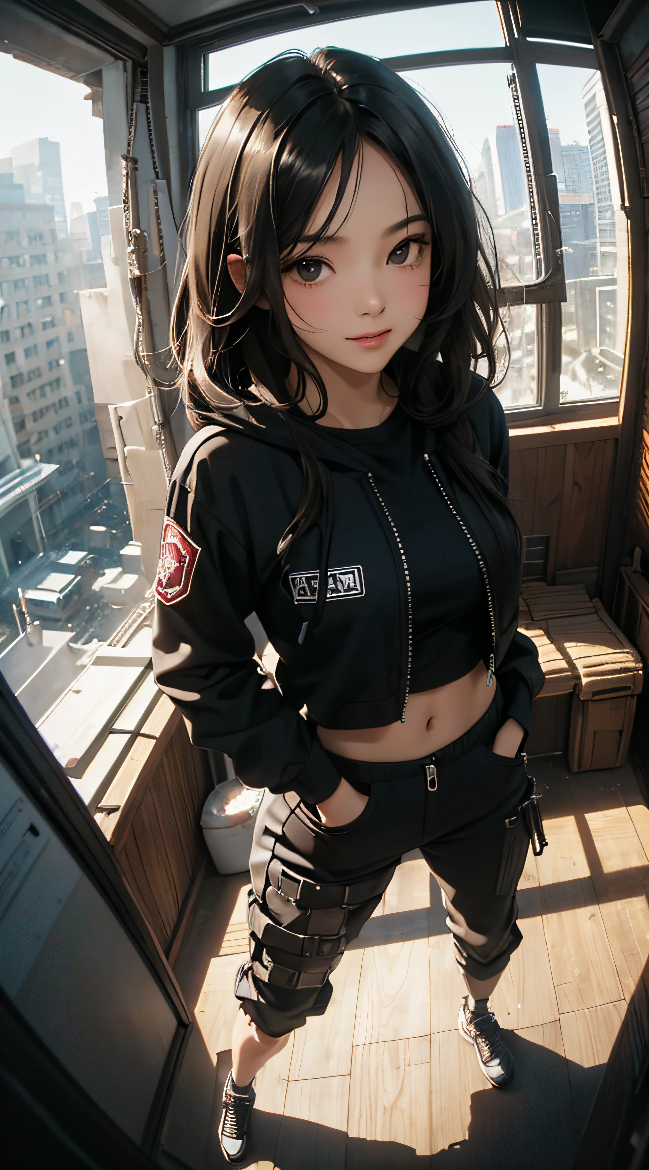 ((8k wallpaper of extremely detailed CG unit, masterpiece, hight resolution, top-quality)), (Beautuful Women, Smile, Hands in pockets:1.8, Grunge Fashion, wearing a zippered hoodie:1.2, wearing salsa pants:1.2, Wearing shoes:1.1), ((extra detailed face, Highly detailed black eyes, extra detailed body, Top quality real texture skins)), (A dark-haired, hair messy, de pele branca, Exposed belly), (inside an empty building, light coming through the window), (high-angle:1.2, Fisheye:1.3), hyper realisitic, digitial painting,