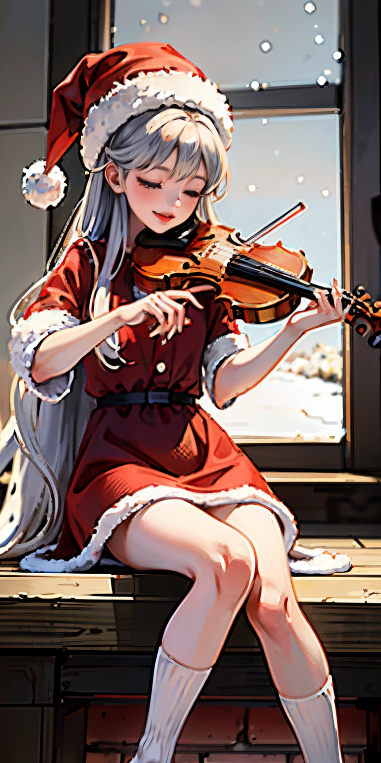 girl wearing christmass dress cotton, night background with snow, playing violin, smile, cute, eyes closed, white long messy curly hair, red clous hat, red short dress, sexy, inside a cottage chillin, fireplace, comftly, long black and white stipe socks,3DMM
