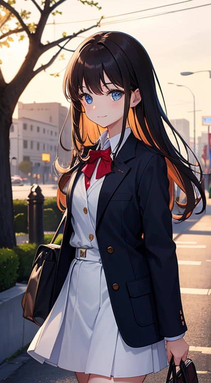 1girl, long brunette hair, blue eyes, smiling, looking at viewer, wearing school uniform, white dress shirt, red bow necktie, black blazer jacket, brown cardigan, grey checkered skirt, (evening), city, sidewalk, bushes, trees, masterpiece, 8K, high contrast, perfect lighting, perfect clothes, perfect anatomy, perfect eyes, perfect face, sharp resolution, cowboy shot