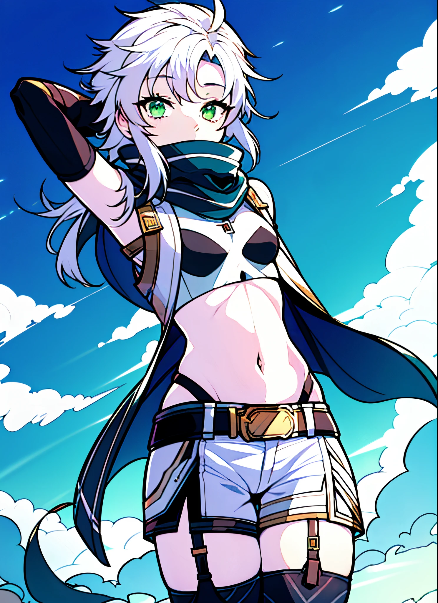 (masterpiece:1.2), (pale skin:1.2), (solo:1.2), (female:1.1), (emphasis lines:1.3), white hair, collarbone, navel, sleeveless_jacket, gloves, bracelets, armbands, (ripped_clothes:1.3), green_eyes, outdoors, hill, sky, plain_field, shorts, thighhighs, long hair