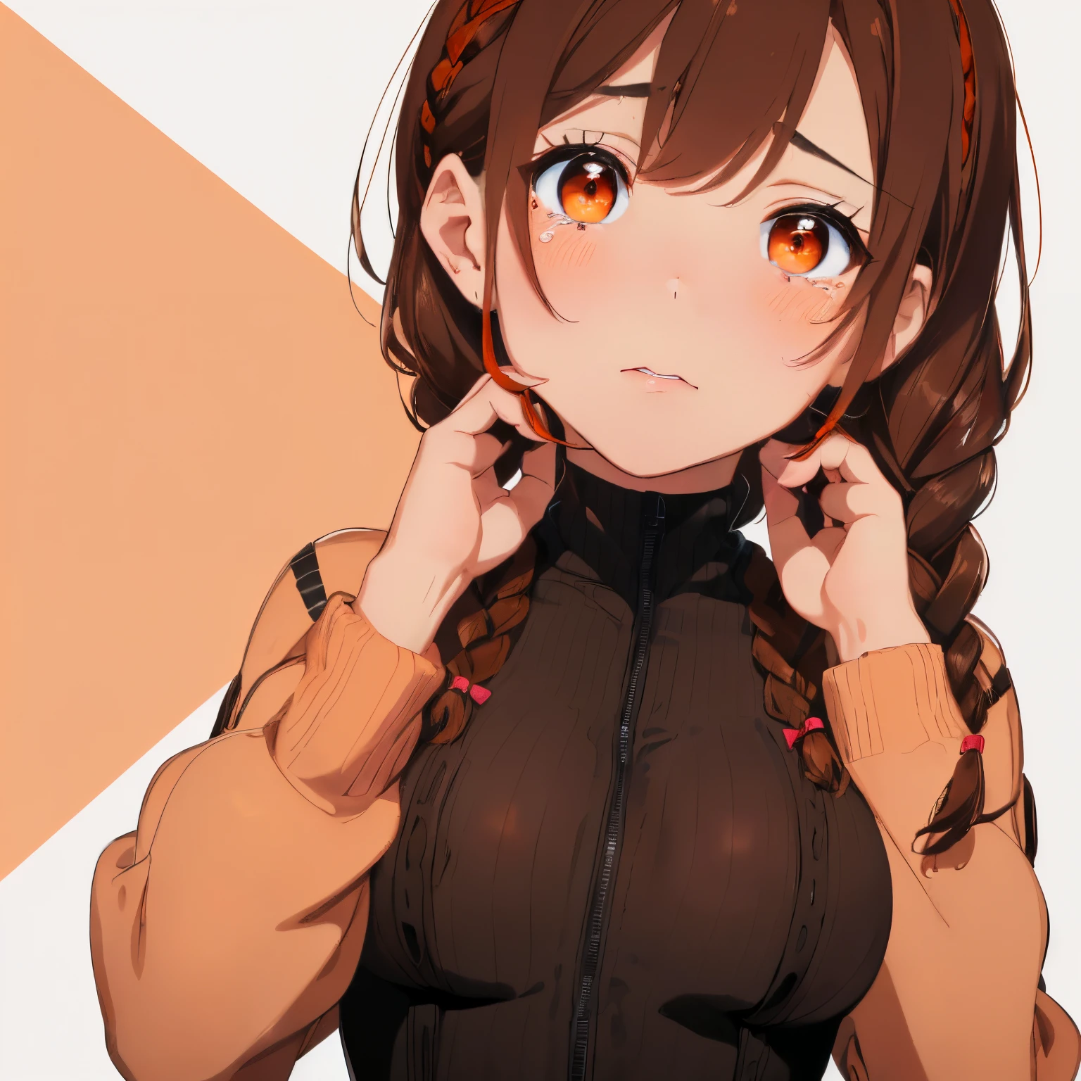 ((Brown hair)),((Braided shorthair)),(With black eyes))),(With bangs)),Slight red tide,((look to the side with excitement)),(Horizontal line of sight),((I cover my mouth with my hand)),((nosebleed)),(Cute puff sleeve long sleeve cardigan),((striped turtleneck inner)),((corsets)),(skinny type pants),((white and orange and red and pink)),(close up of face),(Teary-eyed),((his eyes widen as if he'I'm moved by something.)),