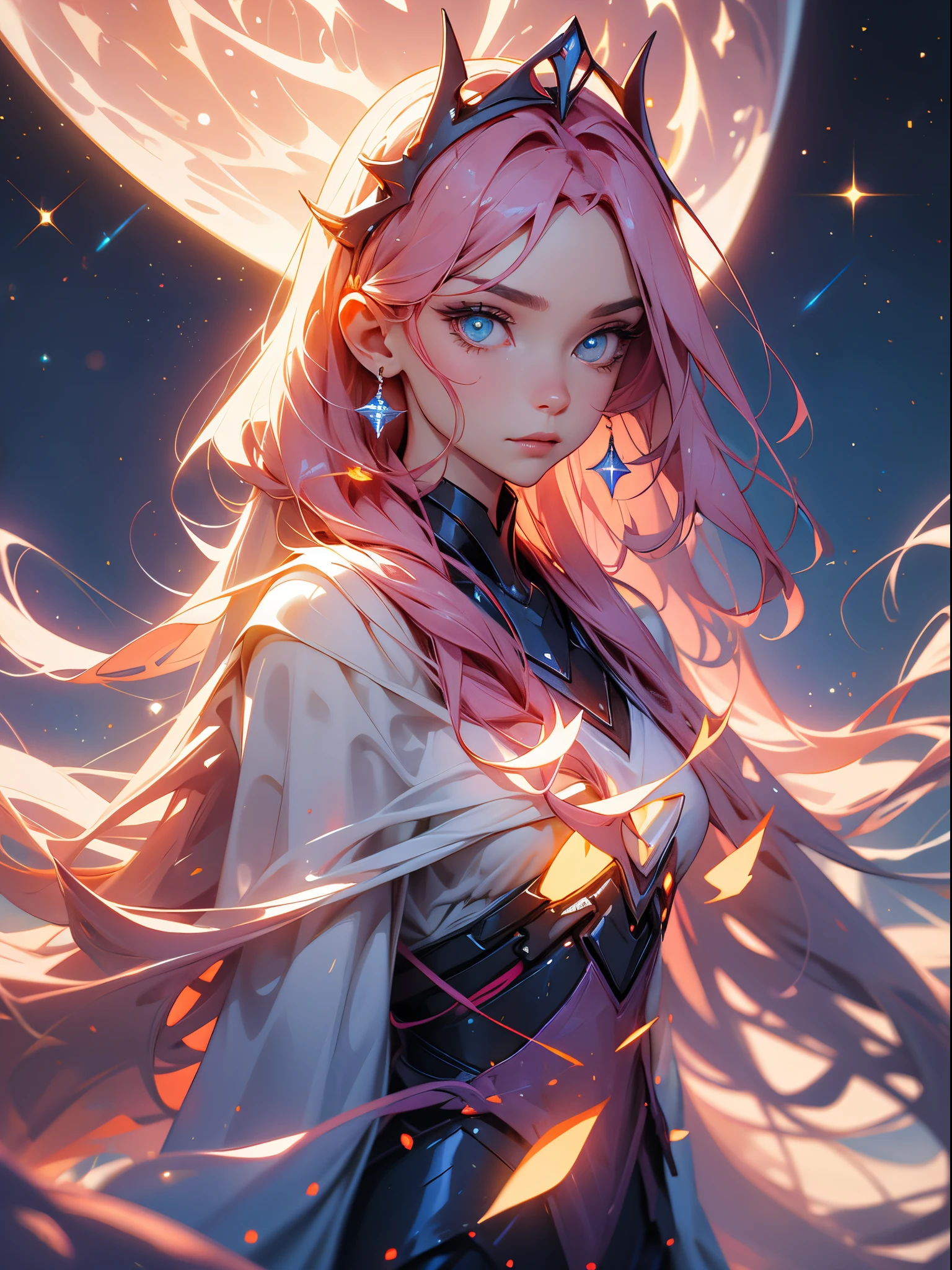 (best quality,highres),colorful interstellar,guardian,supernatural powers,floating in space,starry background,elegant clothing,flowing hair,detailed facial features,cosmic energy,serene expression,glowing eyes,celestial aura,sparkling tiara,strong and confident pose,light trails,cosmic dust,infinite universe,vibrant colors,luminous clouds,reflection of galaxies,cosmic harmony.