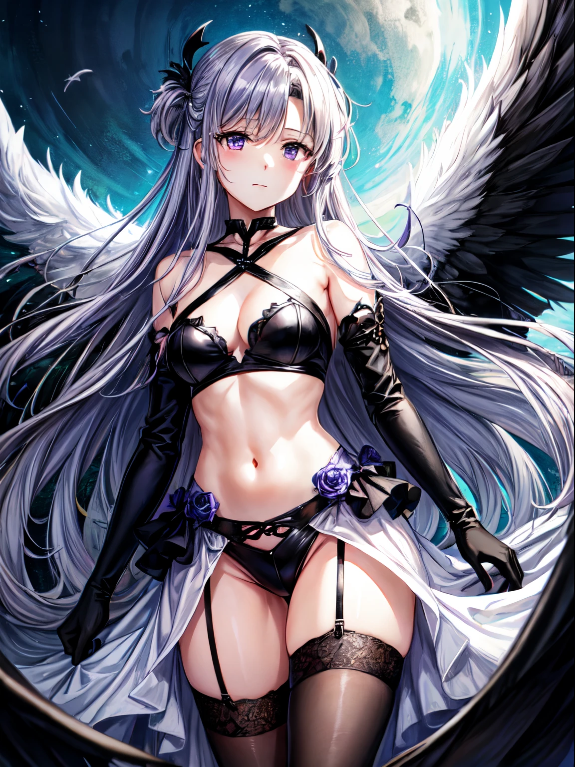 top-quality、a closed mouth、Asuna fell into evil_Shining Angel、Absolute reference to center、Asuna in the form of a fallen angel with black wings spread, Asuna in devil form、war in the underworld、Fallen Angel、 Purple eyes, very long jet black hair, Black Gloves, garter strap,Black stockings、black colored clothes、S