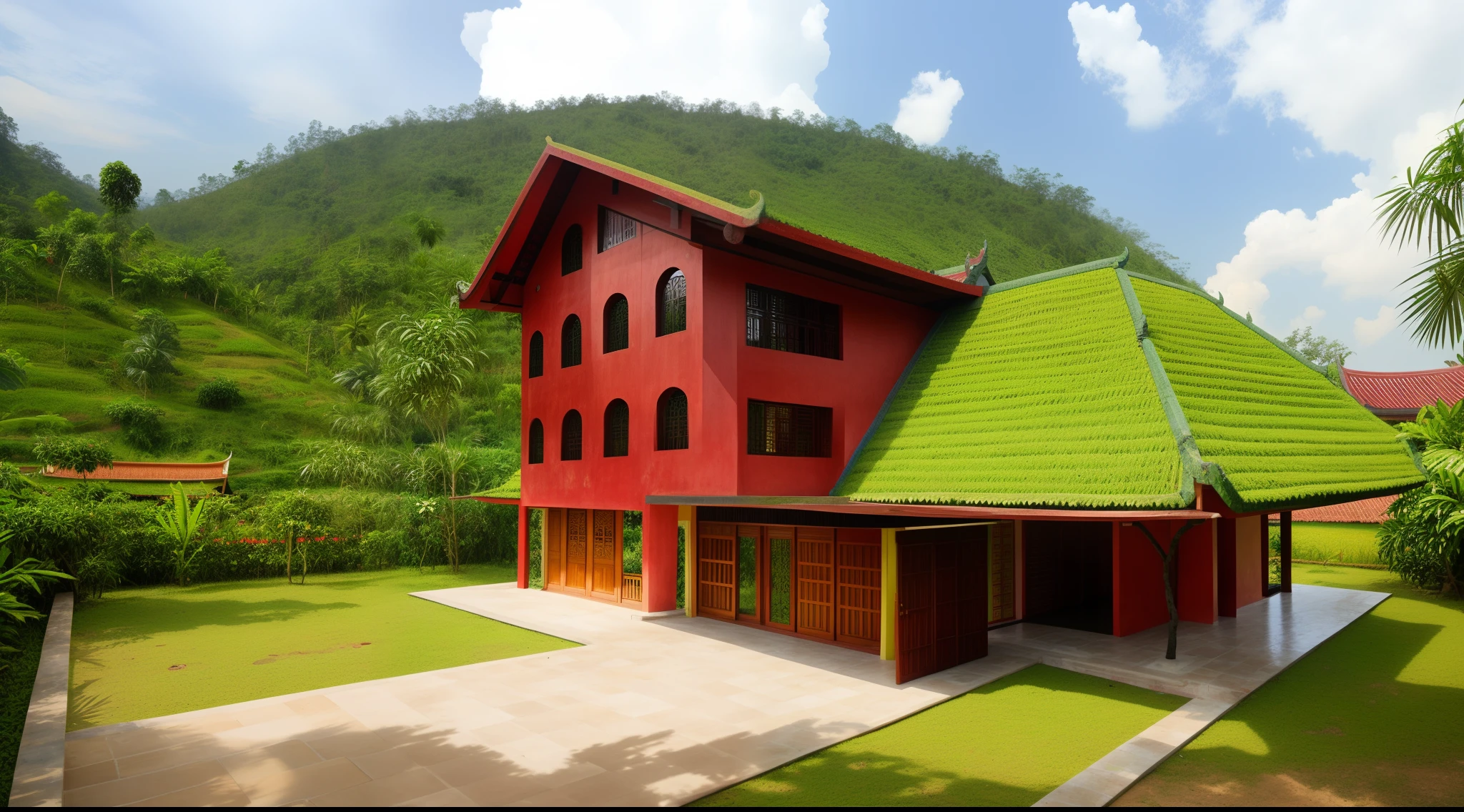 The house  designed in the Indochina style in Vietnam. The house has a red tile roof and curved arched door frames.