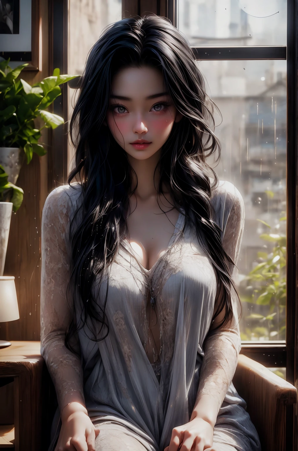 A gril surrounded by black roses, and the sunlight is streaming through the window, creating a warm and inviting atmosphere. She is wering her wet pajama, asia myanmar girl, realistic, best quality, photo-realistic 8k, (best quality:1.1), masterpiece, (realistic:1.1), photo-realistic